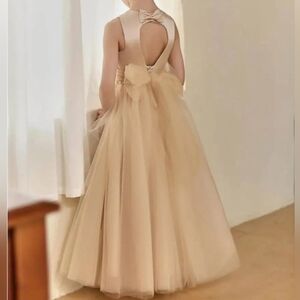 Champagne Light Gold Pearl Tulle Layered Kids Flower Girl Formal Wedding Dress 2